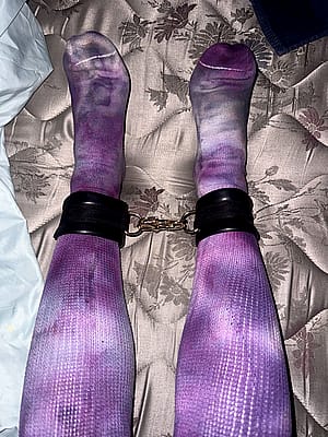 Purple thigh highs and cuffs for todays selfbondage'